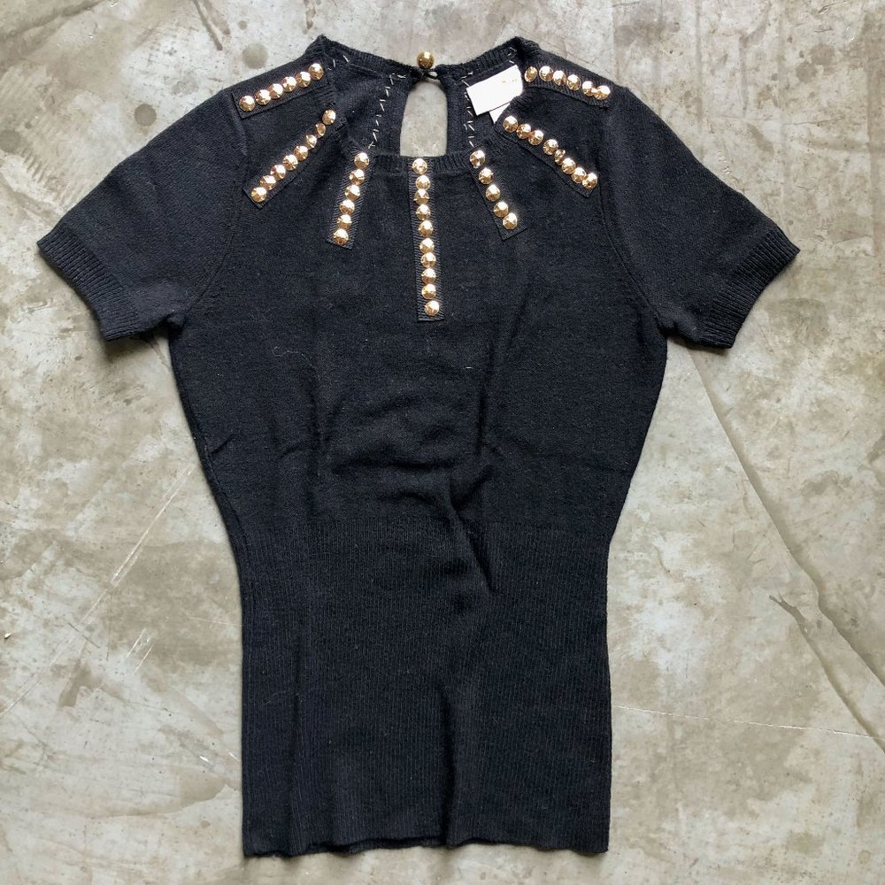 MINT vintage Tracy Reese black knitted short sleeve top with gold trim Sz P